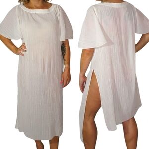 Anthropologie Size Medium Semi Sheer Midi Short Sleeve Slit Dress White